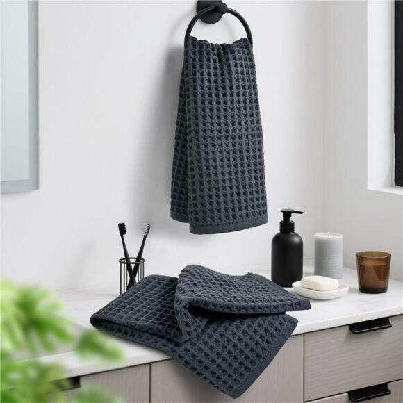 Waffle Hand Towels Set 2 Pack Cotton Quick Dry Lint Free Bathroom Kitchen Face - Picture 6 of 8